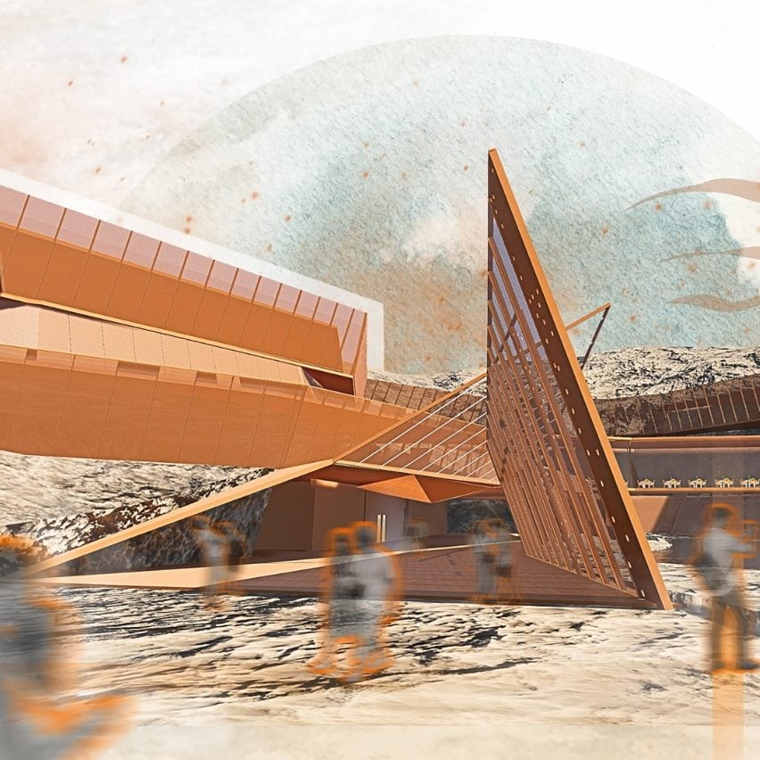Visualisation of a pointy building in a sandy landscape